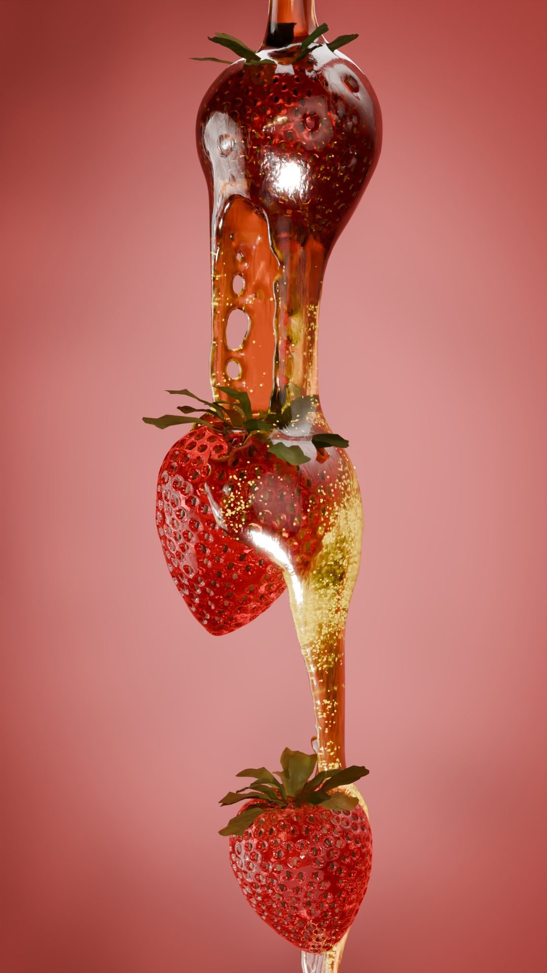 Render 3D di fragole ricoperte di vetro dorato